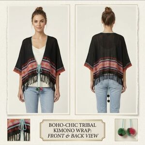 Noonday Collection ​Boho Tribal Print Fringe Kimono Wrap with Pom-Pom Ties